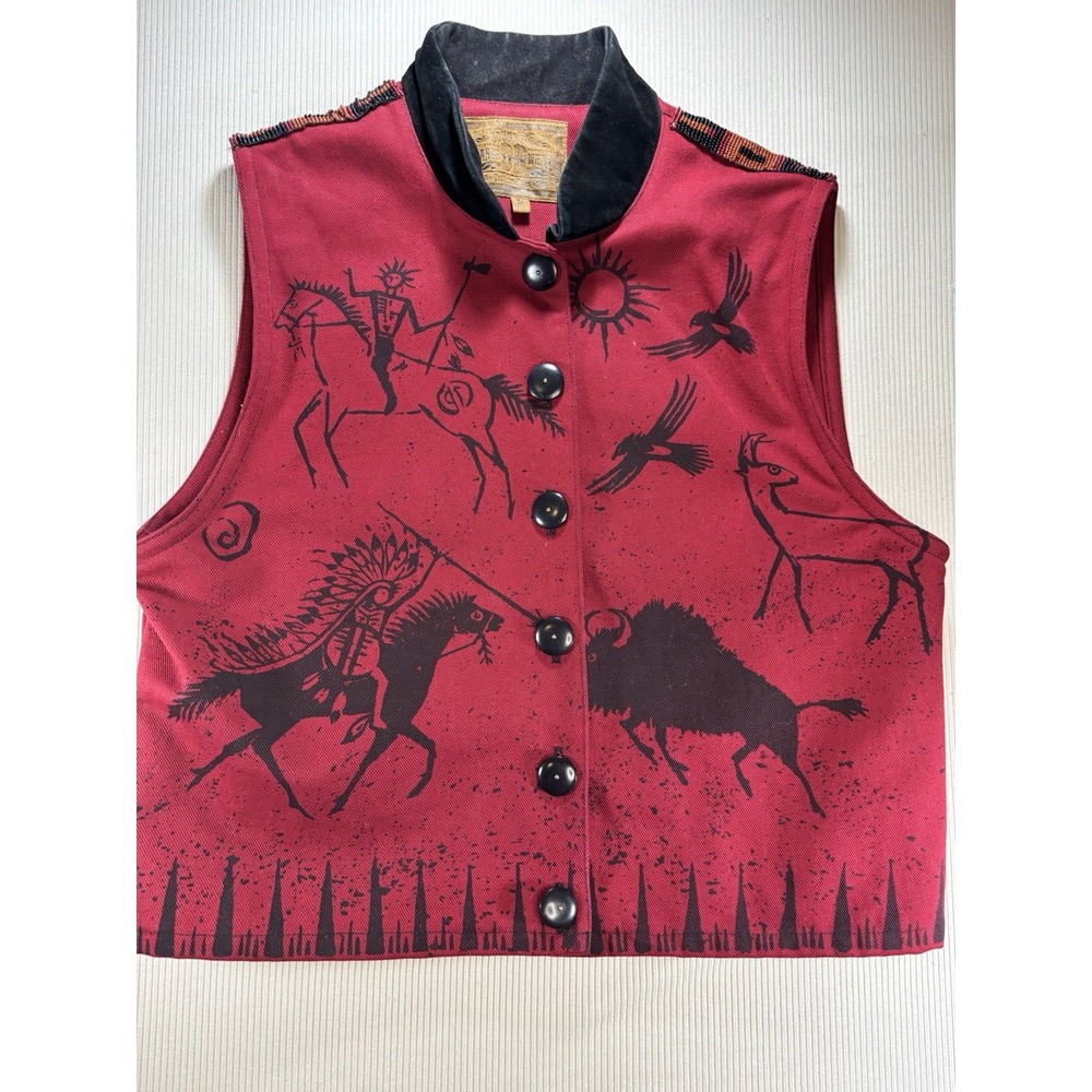 Vintage Double D Ranchwear Red Western Artifact Scout Vest Suede Collar Beads S